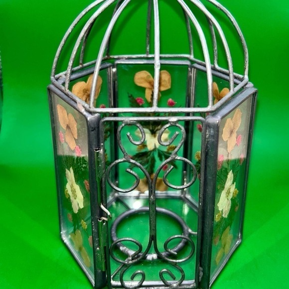 Vintage Glass Pressed Flowers Bird Cage Votive Candle Holder - Picture 2 of 7
